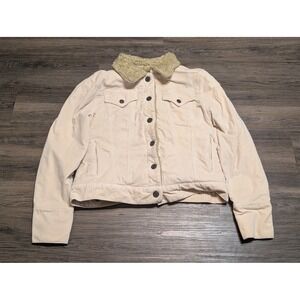 GAP Womens Medium Corduroy Sherpa Lined Trucker Jacket Cream Beige Faux Fur